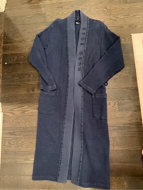 Boss Navy Ribbed Knit Cardigan with Branded Trim